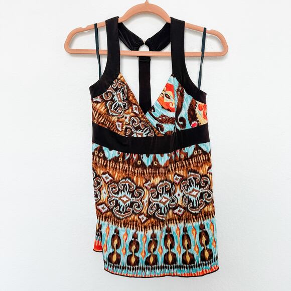 Y2K IZ Byer Halter Tank Top Brown Blue Size L Boho‎ Ethnic Print Indie Sleaze - Picture 1 of 9